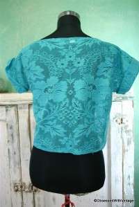 VTG 80s teal lace cropped see through dress shirt top  
