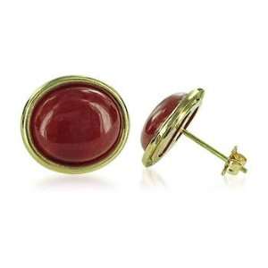   14 KT Yellow Gold Oval Red Jade 14k Back Post Stud Earrings: Jewelry
