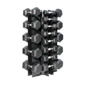   Sided Vertical Dumbbell Rack with 5 50 Pound Rubber Hex Dumbbell Set