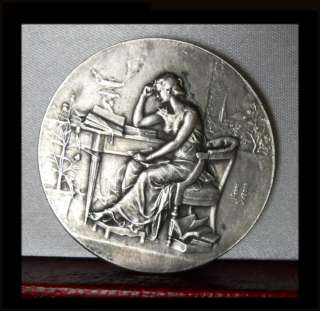 1899 Rare French 36mm Award Courses Art medal Silver Woman Studying 