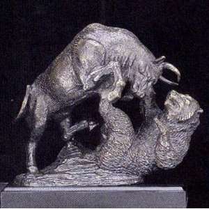 Bull & Bear Fight, Solid Bronzed Metal Sculpture