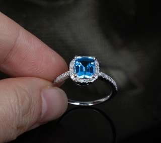 6x7mm BLUE TOPAZ .32ct DIAMOND 14K WHITE GOLD Pave ENGAGEMENT Halo 
