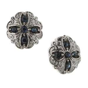  Bellissimo Silver Antiqued Blue Crystal Stud Earrings 