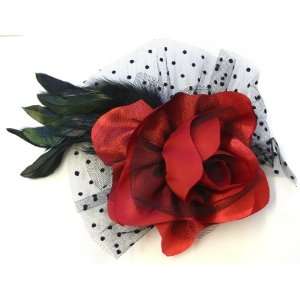   Flower Bow with Feather Accent Fascinator Hair Clip/Brooch Pin   RED