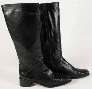 Stuart Weitzman Black Leather Square Toed Stacked Heel Knee High Boots 