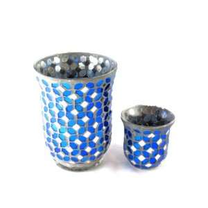 Biedermann & Sons Blue and Silver Mirrored Mosaic Glass Candle Holders 