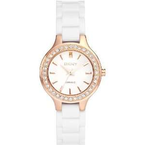  DKNY White Ceramic Crystal Bezel Womens Watch with Gold 
