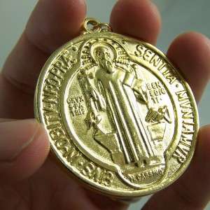 Gold Plated Saint St Benedict Protection Cross Medal  
