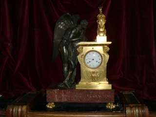   19C. DORE BRONZE PALATIAL FRENCH EMPIRE MANTLE CLOCK ANGEL  