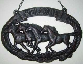   Cast Iron Hanging Welcome Sign Running Horses 12 x 8.5  