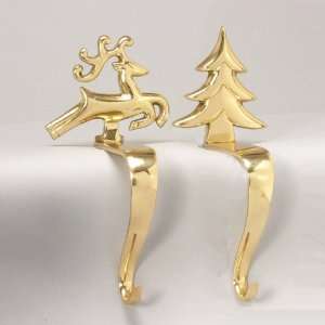 Set of 2 Brass Reindeer and Tree Christmas Stocking Holders:  