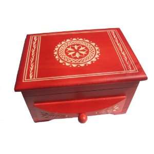   Drawer, Red Stained with Carved Circle and Border, 5.5x4.25x3.25