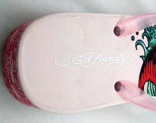 Ed Hardy Womens Kim Wedge KOI FISH Pink Flip Flops  