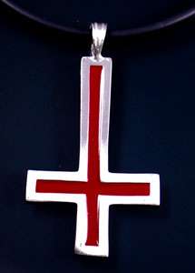 Red/Silver INVERTED CROSS Pewter Pendant w Choker  