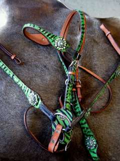 HORSE BRIDLE BREAST COLLAR WESTERN LEATHER HEADSTALL GREEN ZEBRA BLING 