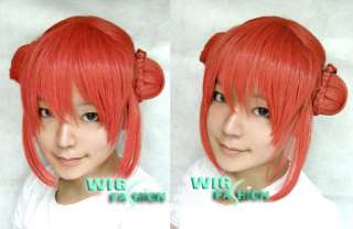 Gintama Kagura Cosplay Short Orange Pink Hair Wig + 2 Buns  