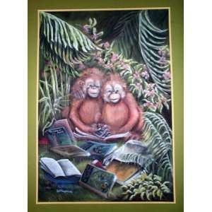 Beautiful Original Pastel Painting Little Orangutans & Books, Original 