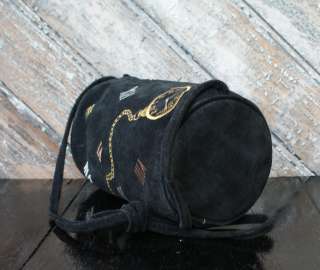 Vtg Black Suede Bag Purse Leather Sling Gold Clock 80s  