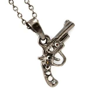   Small Black Hematite Handgun/Pistol/Gun Pendant and Necklace Jewelry