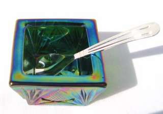 Green Carnival Glass Square Salt Dip with Silver Spoon  