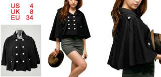 Ladies Button Tab Epaulette Half Sleeve Short Cape Coat    Black 