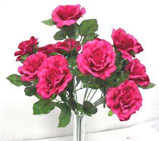 12 FUCHSIA PINK Open Roses Wedding Bridal Flowers Silk Centerpiece 