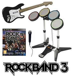 Sony PS3 ROCK BAND 3 Game w/Drums/Guitar/Mic Bundle Set 014633195194 