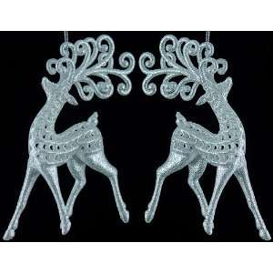   Set of 2 Silver Glitter Reindeer Christmas Ornaments: Home & Kitchen