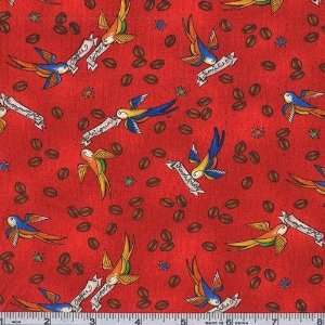  45 Wide Coffee Lovers Birds Red Fabric By The Yard: Arts 