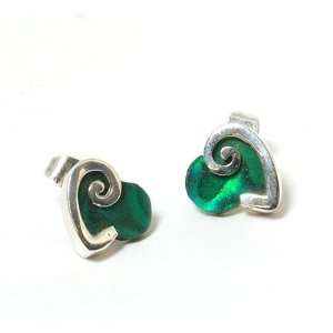    925 Silver Forest Green Paua Shell Heart Stud Earrings Jewelry