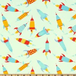  44 Wide Robots Painted Rockets Teal Fabric By The Yard 