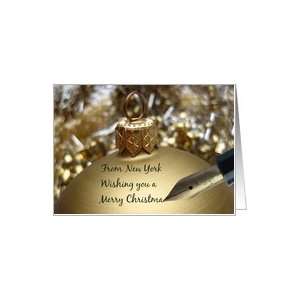   card   fountain pen writing christmas message on golden ornament Card