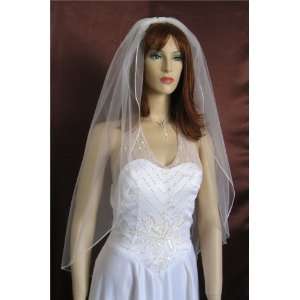   White Fingertip Length Nylon Filament Edge Simple Bridal Wedding Veil