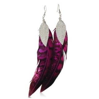 Fuchsia & Black Dangle Feather Earrings Leaf Accent, 6 Inches Long 