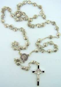 Silver Antiqued Saint St Benedict Medal Rosary & Case Enamel Crucifix 