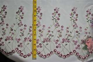 White Embroidered Organza Fabric w burgundy/pink flowers 54 wide 