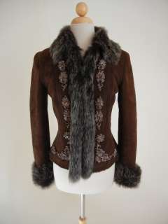   Brown Lambskin Shearling COAT JACKET Sz XS Densely Jeweled Adorned