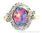 harlequin black opal 16 diamonds 14K gold ring rare floral Australian 