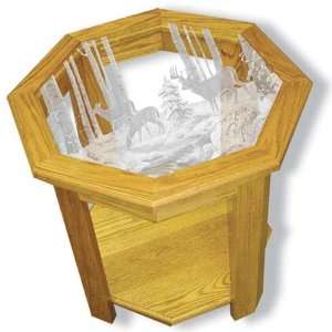   Glass End Table with Etched Three Deer Top Octagon: Home & Kitchen