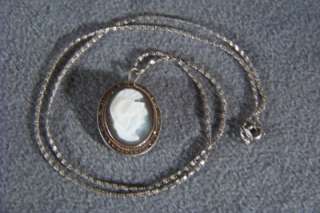 SILVER MOTHER OF PEARL MARCASITE CAMEO PENDANT NECKLACE  