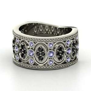 Renaissance Band, Sterling Silver Ring with Iolite & Black Diamond