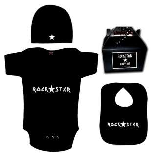 Punk Rock Baby Outfit Black Onesie Bib Hat skull guitar rockstar goth 