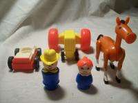 Vintage Fisher Price Little People Farm Yellow Tractor Horse Car MUST 