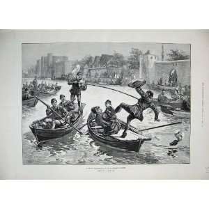 1889 Water Tournament Jousting River Boats Sport Men 