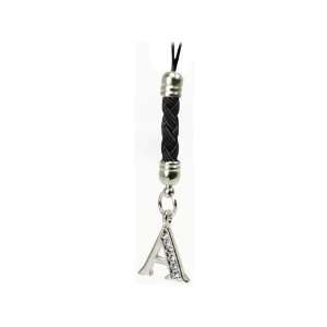 LETTER A With BLACK/SILVER CRYSTAL GEM STONE CELL PHONE CHARM HAND 
