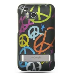 Rubberized phone case with black background and multi colored peace 
