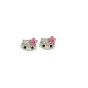  X small 1/4 Kitty Stud Earrings w/ Pink Flower Bow 