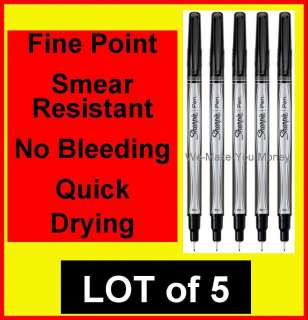 Lot 5 Sharpie 0.3 mm Fine Point Pen Pens Black Smear Resistant No 