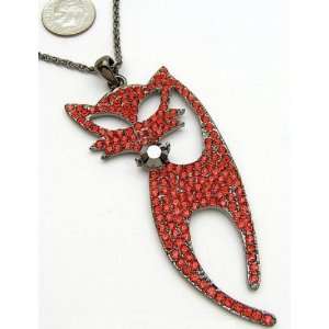 Cat Design Necklace with Red Crystals   Cat Women  Cat 