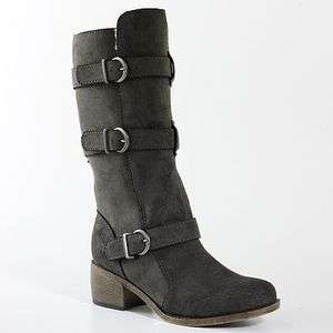   SHOE CANDIES BOOT GREY FAUX FUR LEATHER MID CALF WESTERN OAKES BUCKLE